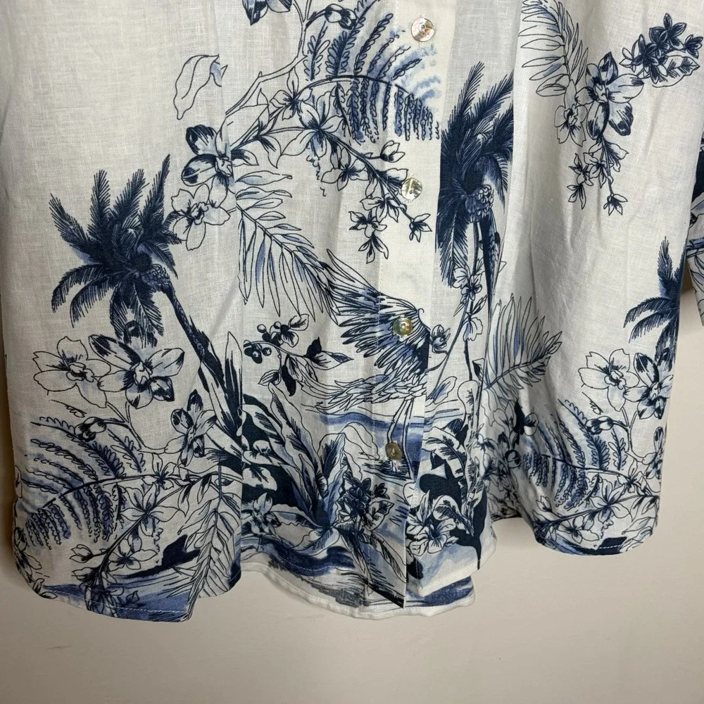 Linen Blend Tropical Floral Print Top Blue White Womens 2X Coastal Aloha Beachy - Picture 2 of 7